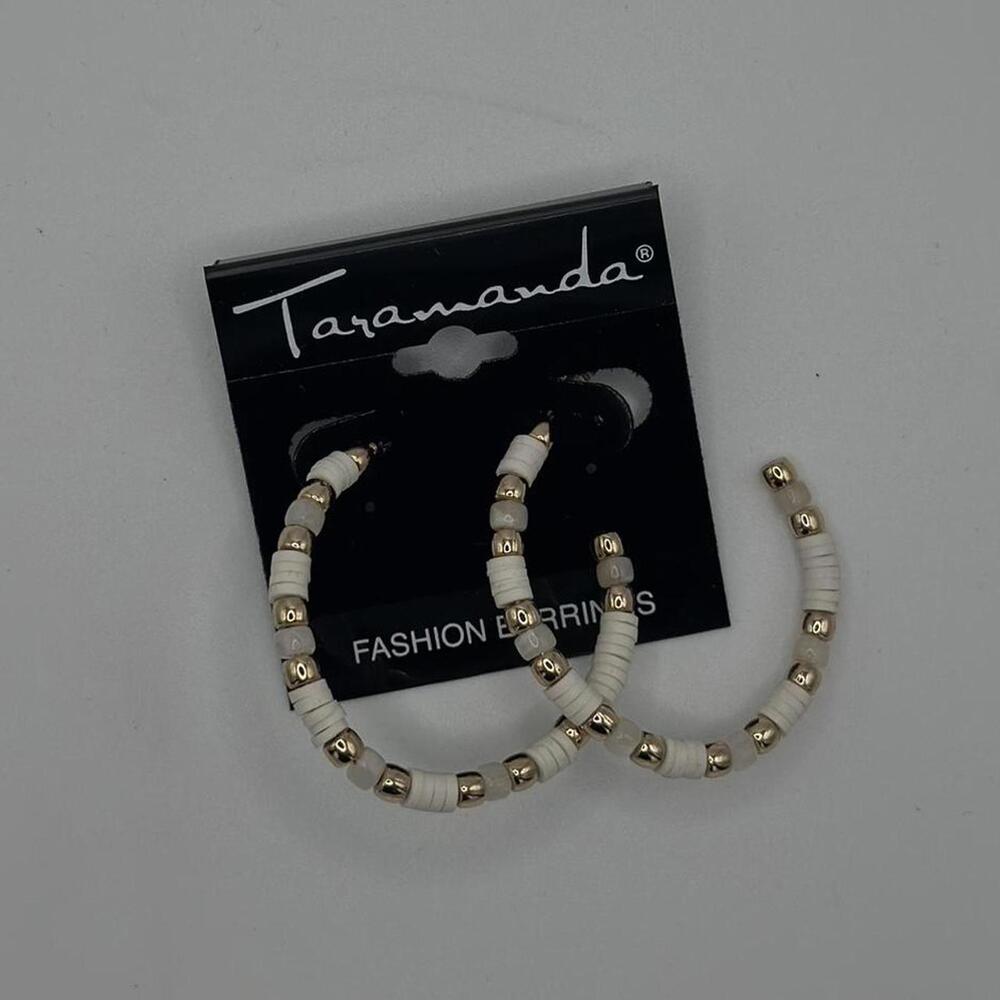 Taramanda Beaded Hoop Earrings – White & Gold Boho Hoops NWT